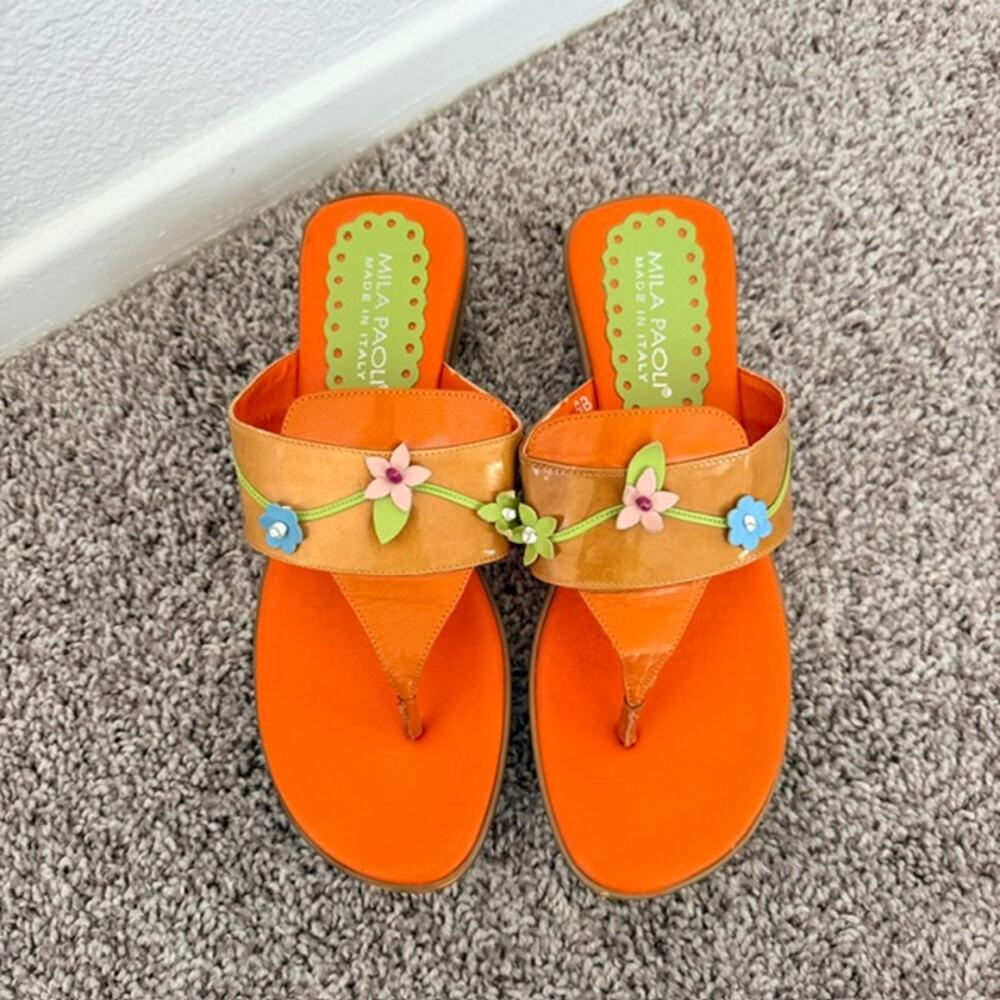 Mila Paoli Thong Sandals Leather Women's 9B Decorative Vine & Flowers Women's 9B